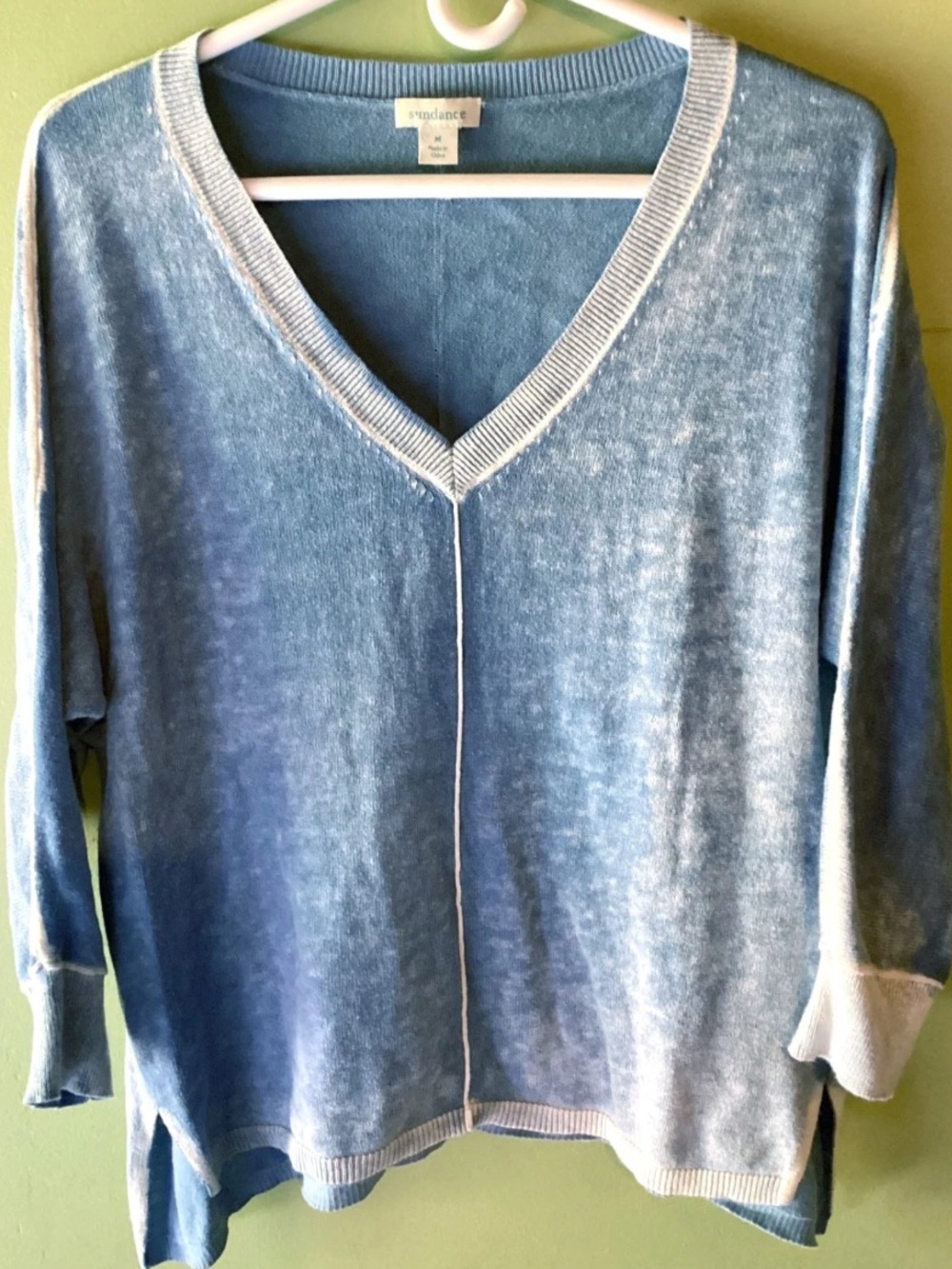 Soft Sundance Light Blue V-Neck Sweater top bleached tie dye with White Trim